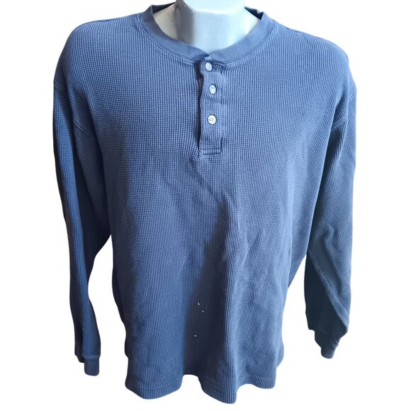 Large Vtg Y2K Eddie Bauer Mens Blue Waffle Knit Long Sleeve Henley Shirt Boxy - Picture 1 of 7